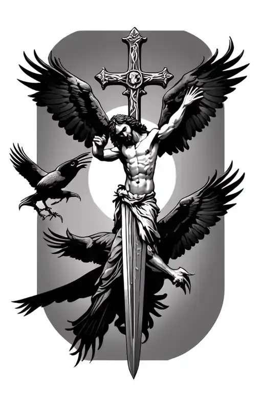 jesus on a sword cross, with crows wings and flying with claws no background tattoo design idea