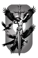 jesus on a sword cross, with crows wings and flying with claws no background tattoo design idea