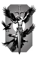 jesus on a sword cross, with crows wings and flying with claws no background tattoo design idea