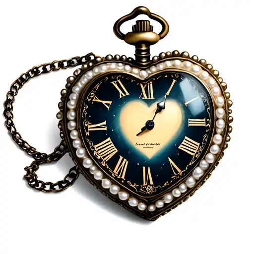 A heart-shaped pocket watch with a white pearl border, point to  midnight. tattoo design idea