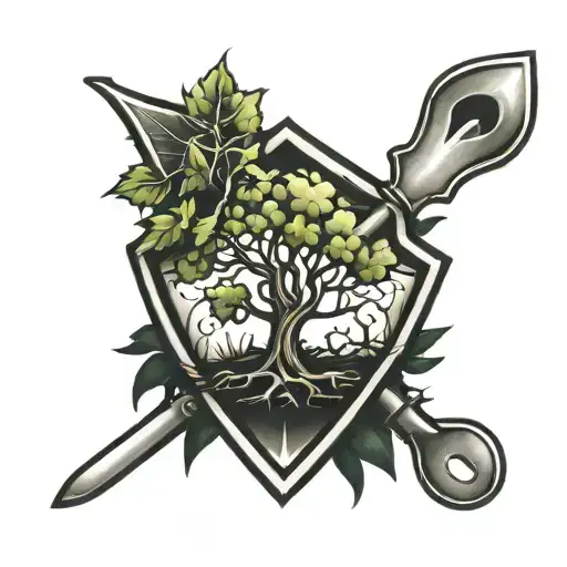 shovel and dense foliage tree tattoo design idea