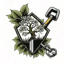 shovel and dense foliage tree tattoo design idea