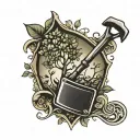 shovel and dense foliage tree tattoo design idea