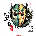 half of a broken Friday the 13th mask with  Japanese dragon the word 'JASON' And the number 13 tattoo design idea