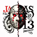 half of a broken Friday the 13th mask with  Japanese dragon the word 'JASON' And the number 13 tattoo design idea