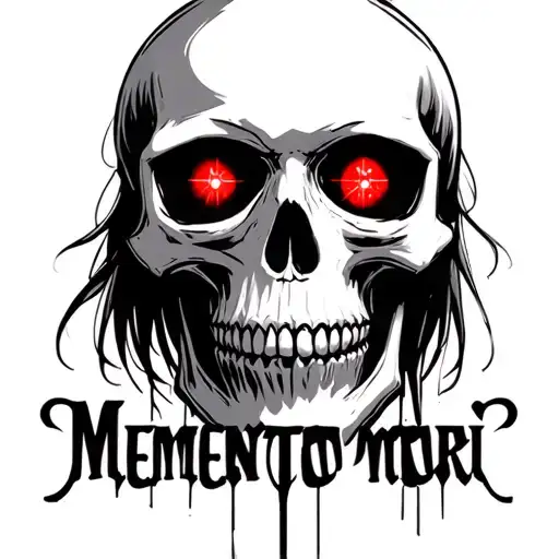 "Memento mori " "Memento mori " black skull with anime laser red eye front facing and skull smiling but mouth closed , no hair ,  tattoo design idea