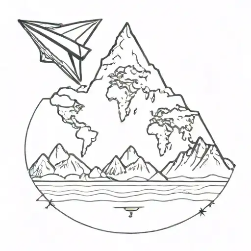Earth with Mountains and paper plane flying towards each other tattoo design idea