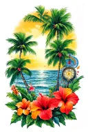 Palm trees, several red and orange hibiscus flowers, other tropical flowers and a sundial. Realistic sleeve.  tattoo design idea