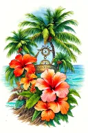 Palm trees, several red and orange hibiscus flowers, other tropical flowers and a sundial. Realistic sleeve.  tattoo design idea