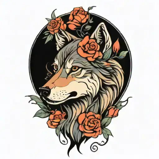 wolf face looking to side surrounded by blooming flowers. bold lines tattoo design idea
