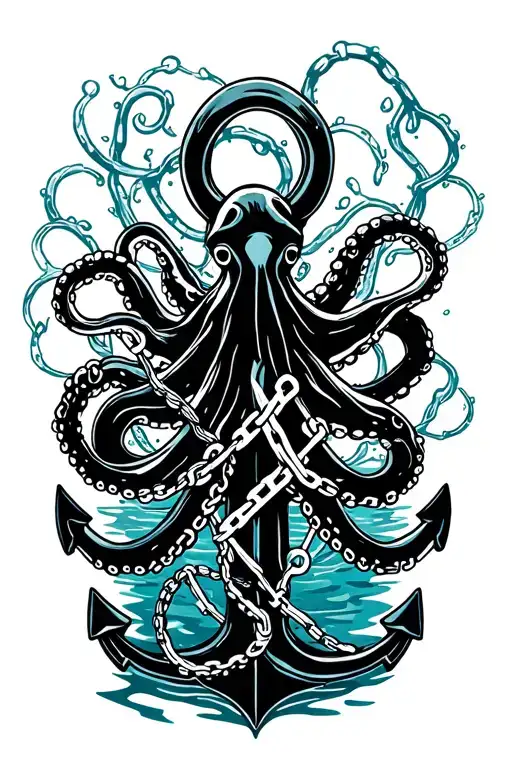 black octopus wrapped around anchor in water with broken chain tattoo design idea