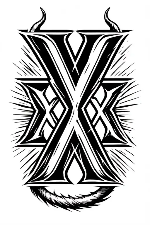 "XXX" "XXX" triple x, center X is bigger, center X has its ends extending horizonally in opposite directions, devil tail on one tattoo design idea