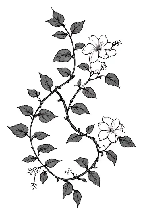 minimalist black and gray intertwined ivy leaf vine and honeysuckle flower vine with realistic botanical detail tattoo design idea