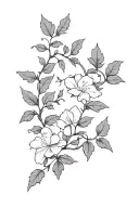 minimalist black and gray intertwined ivy leaf vine and honeysuckle flower vine with realistic botanical detail tattoo design idea