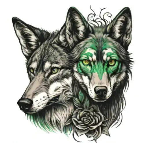 red wolf female green eyes and a raven man tattoo design idea