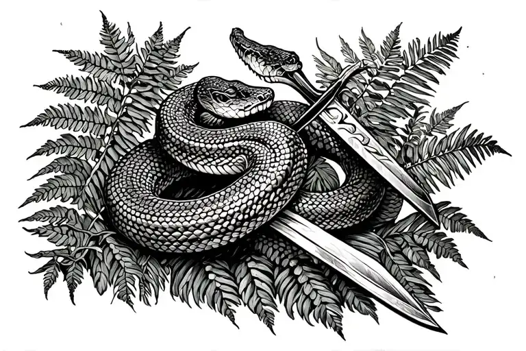 Snake fighting a dagger near some fern plant tattoo design idea