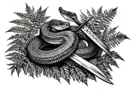 Snake fighting a dagger near some fern plant tattoo design idea