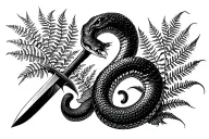 Snake fighting a dagger near some fern plant tattoo design idea