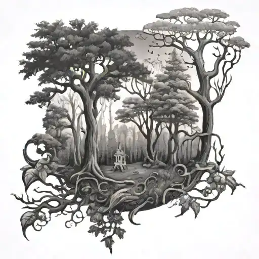 A forest scene with hidden BDSM symbols subtly incorporated tattoo design idea