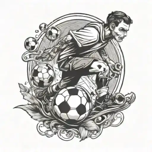 A black and white tattoo that describes a normal man walking tired along his passed away's soccerball castume friend  tattoo design idea