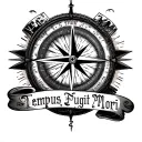 compass, text saying "Tempus Fugit Memento Mori", lighthouse, oceans, sunset tattoo design idea