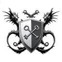 A central shield as the focal point.  Two crossing keys on the face of the shield 	•	Two dragons flanking the shield, o tattoo design idea