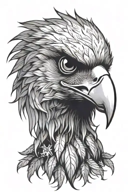 Eagle head, profile. Cannabis marijuana weed shaped feathers encircle head, radiating outwards. Detailed. tattoo design idea