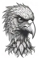 Eagle head, profile. Cannabis marijuana weed shaped feathers encircle head, radiating outwards. Detailed. tattoo design idea