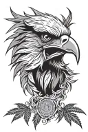 Eagle head, profile. Cannabis marijuana weed shaped feathers encircle head, radiating outwards. Detailed. tattoo design idea
