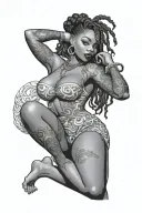 "naked black woman" with big butt, perky tits, locs, pretty feet and long legs in pin up style tattoo design idea