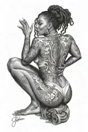 "naked black woman" with big butt, perky tits, locs, pretty feet and long legs in pin up style tattoo design idea