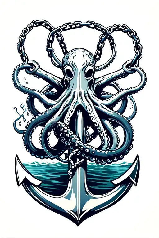 octopus wrapped around anchor in water with broken chain tattoo design idea