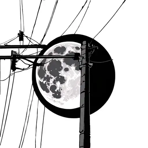 electric pole with full moon night scene in background from a low angle point of view  tattoo design idea