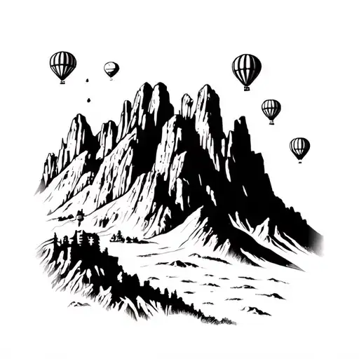 rugged mountains with large New mexico zia behind it with hot air balloons floating all around realistic black and grey tattoo design idea