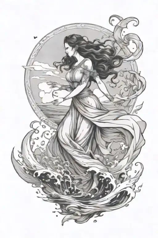 goddess like woman walking on water in flowy dress tattoo design idea