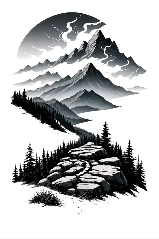 Minimalist Appalachian Trail winding through forest and mountains with imagery of rock/boulder and thunder tattoo design idea