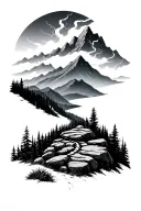 Minimalist Appalachian Trail winding through forest and mountains with imagery of rock/boulder and thunder tattoo design idea