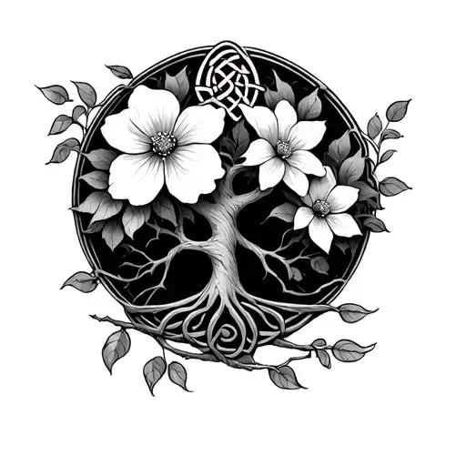 Celtic tree of life with dogwood flower tattoo design idea