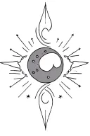 maiden mother crone (full moon between two crescents) surrounded by starbursts tattoo design idea