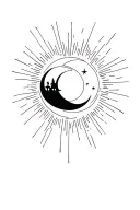 maiden mother crone (full moon between two crescents) surrounded by starbursts tattoo design idea