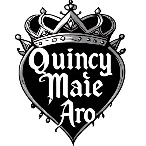 "Quincy Mae Aro" text with crown and heart  tattoo design idea