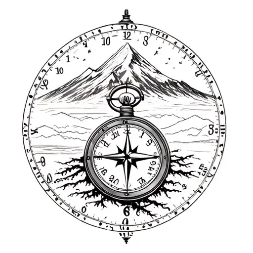 Mount Rainier on top of the tree of life, and a compass inside of a pocketwatch tattoo design idea