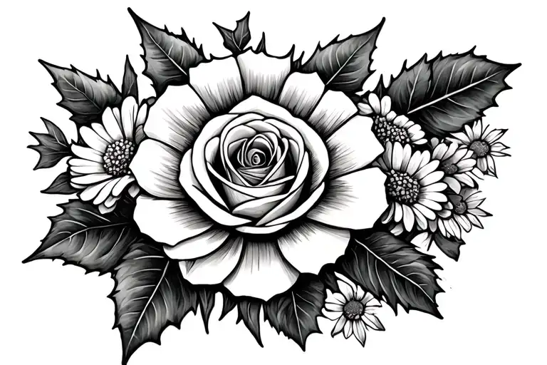 rose, holly, carnation, and daisy flower tattoo design idea
