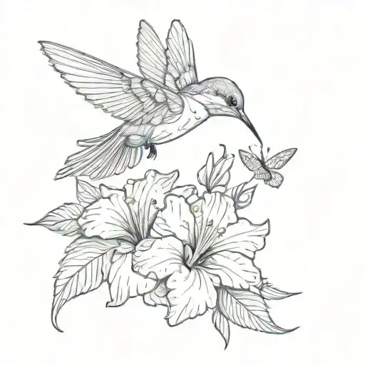 hummingbird feeding on a hibiscus with butterfly emerging tattoo design idea