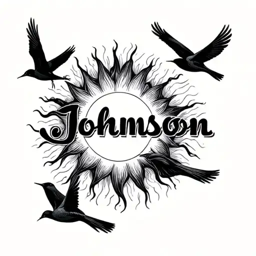 can u make a cursive Johnson name and add some details around it like 6 small birds and a sun that blends in tattoo design idea