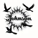 can u make a cursive Johnson name and add some details around it like 6 small birds and a sun that blends in tattoo design idea
