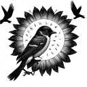 can u make a cursive Johnson name and add some details around it like 6 small birds and a sun that blends in tattoo design idea