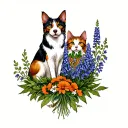 Slavic sleeve tattoo with a magi, tricolor cat, dog and a bouquet of lupines tattoo design idea