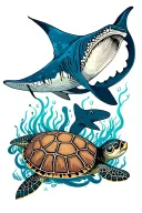 manta ray with a whale shark, blue ringed octopus, and sea turtle inlayed in the manta ray tattoo design idea