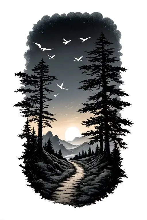 pathway trees mountains sunset birds tattoo design idea